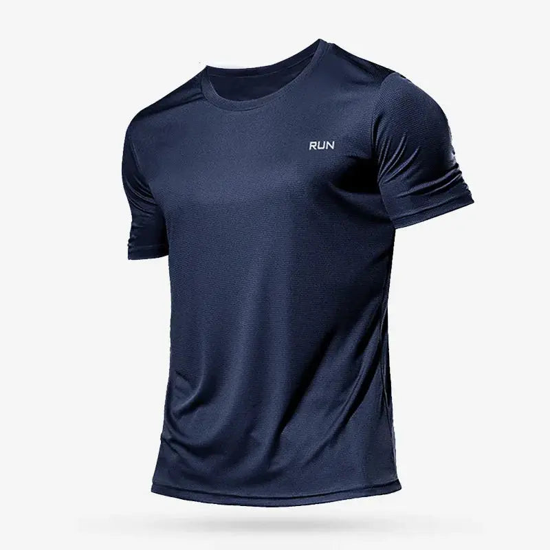 Men's navy running T-shirt, short sleeves, crew neck, RUN logo, quick-dry athletic top.