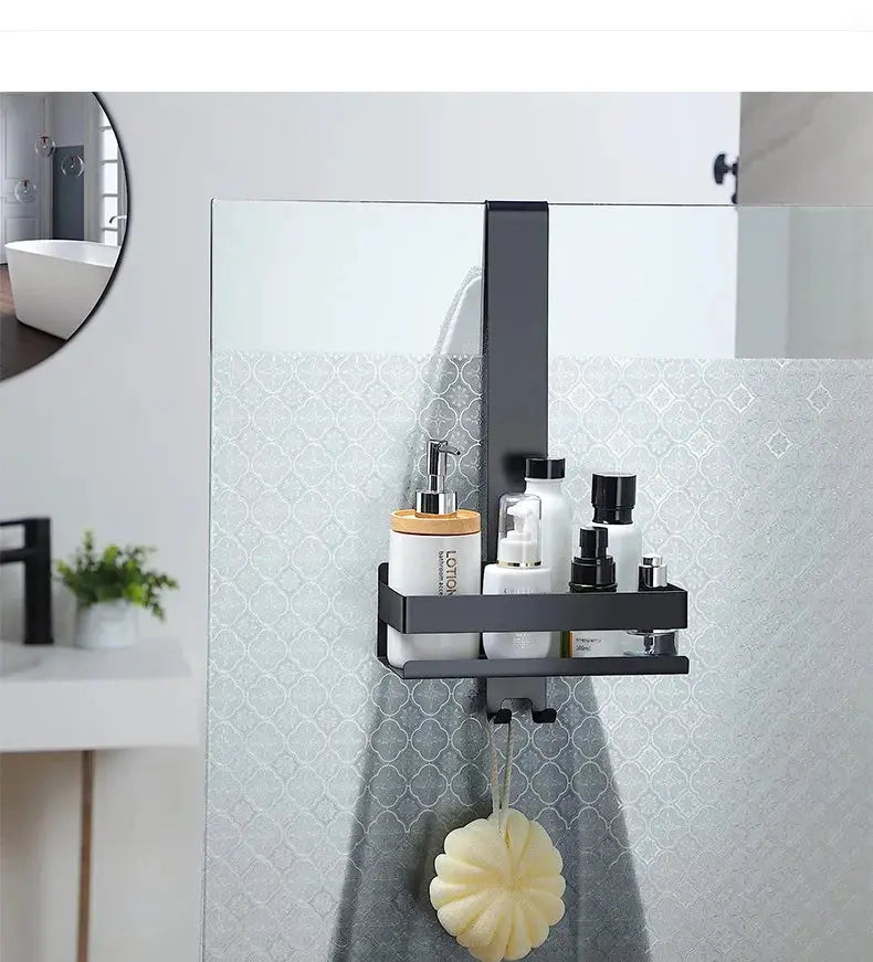 Movable bathroom shelf organizer in dark gray steel, no-drill shower storage mounted on glass with bottles