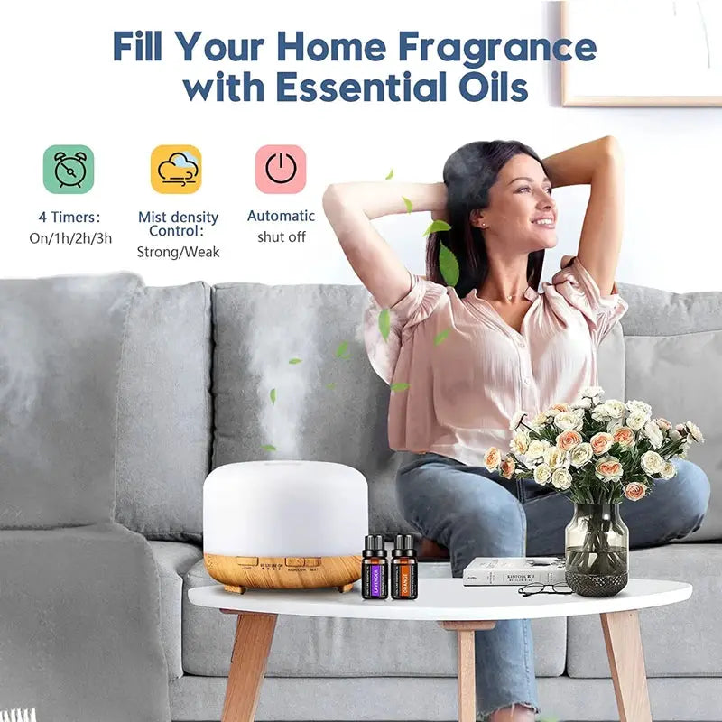 500ML USB Wood Grain Aroma Diffuser, Essential Oil Diffuser, Air Humidifier with Remote Control, Colorful Night Lights For Home
