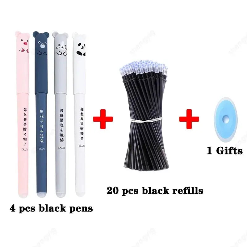 Kawaii erasable gel pen set, 25 pcs, includes 4 pastel pens, 20 black refills, plus 1 gift accessory for notebooks