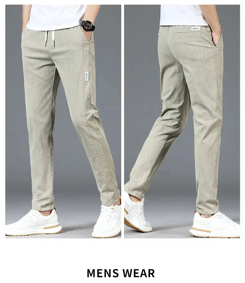 Men's slim straight casual pants with elastic drawstring waist in khaki, Simples Market