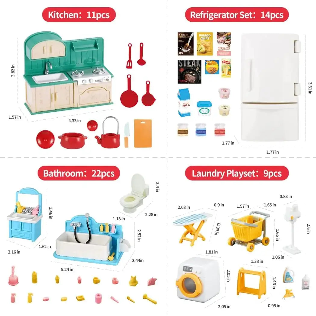 Dollhouse Furniture Set For Bathroom Kitchen Laundry With Fridge And Washing Machine Miniature Pretend Play Toys