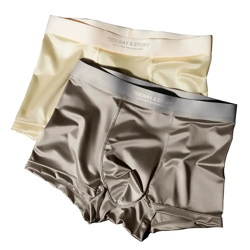 Men's satin boxer briefs, Tideway & Story, 2-pack in beige and gray