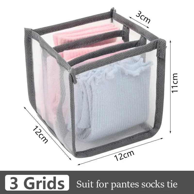 Underwear organizer box with 3 grids; gray mesh, by Simples Market, for panties and socks (12x12x11 cm)