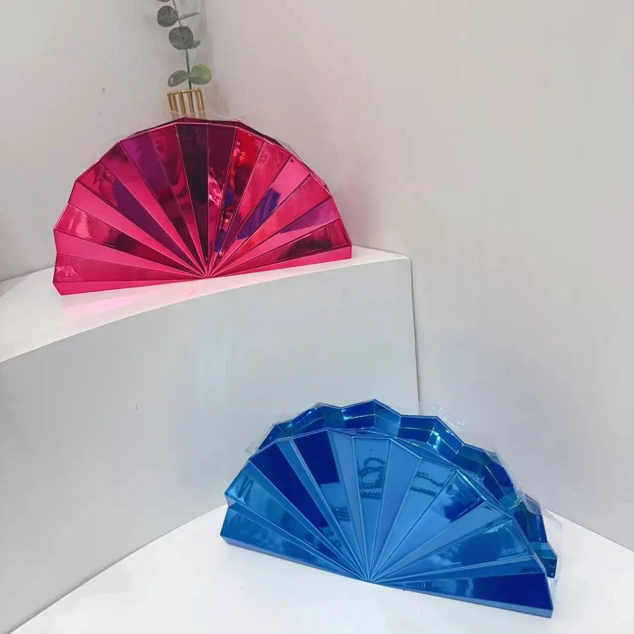 Moon-shaped acrylic purses; pink and blue metallic fan clutches by Simples Market, set of 2.