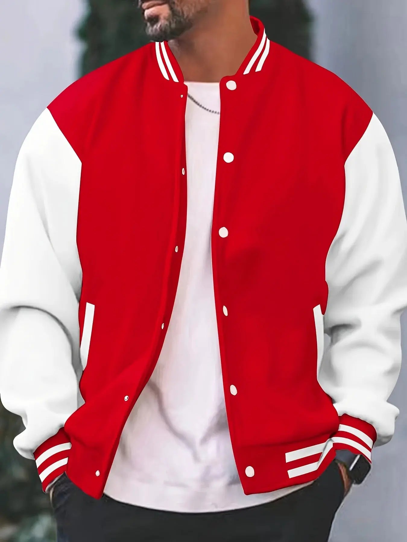 Red and white varsity jacket with striped collar and cuffs, snap buttons, casual streetwear style.
