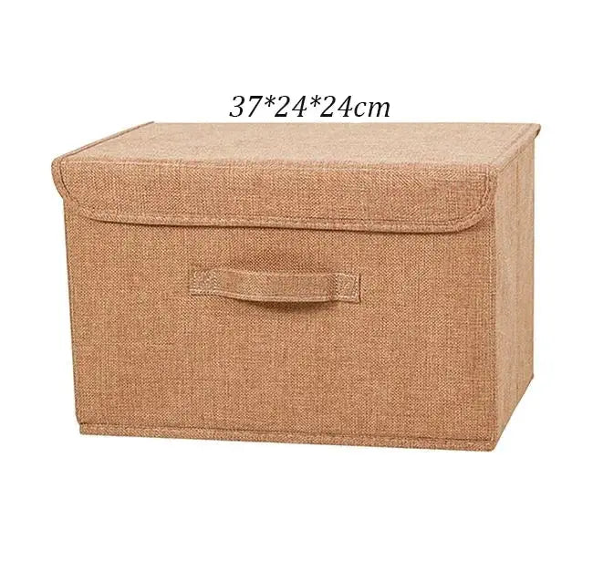 Storage box with lid in beige cotton-linen fabric; foldable bin for toys or laundry, 37x24x24 cm