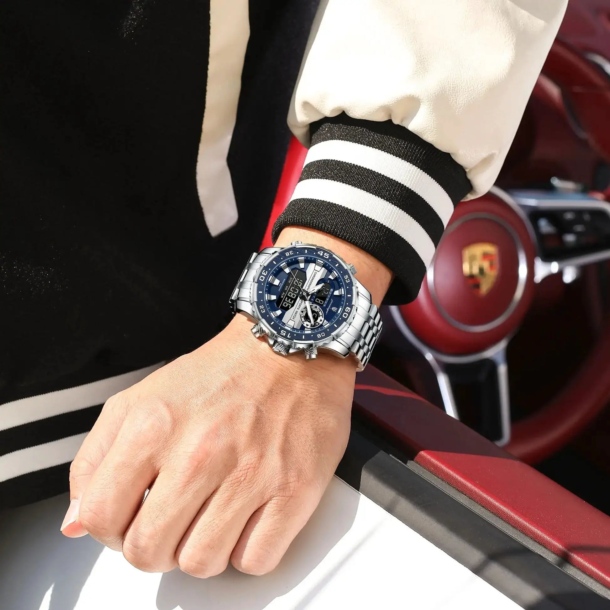 POEDAGAR electronic men's wristwatch with blue dial on stainless steel band, dual time display