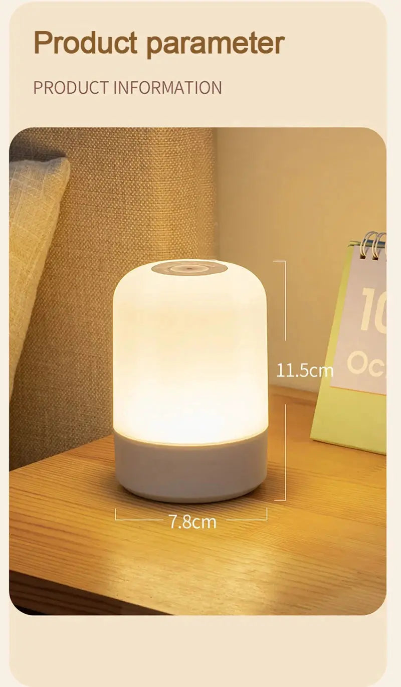 LED night lamp with frosted white shade and gray base, dimmable bedside table light