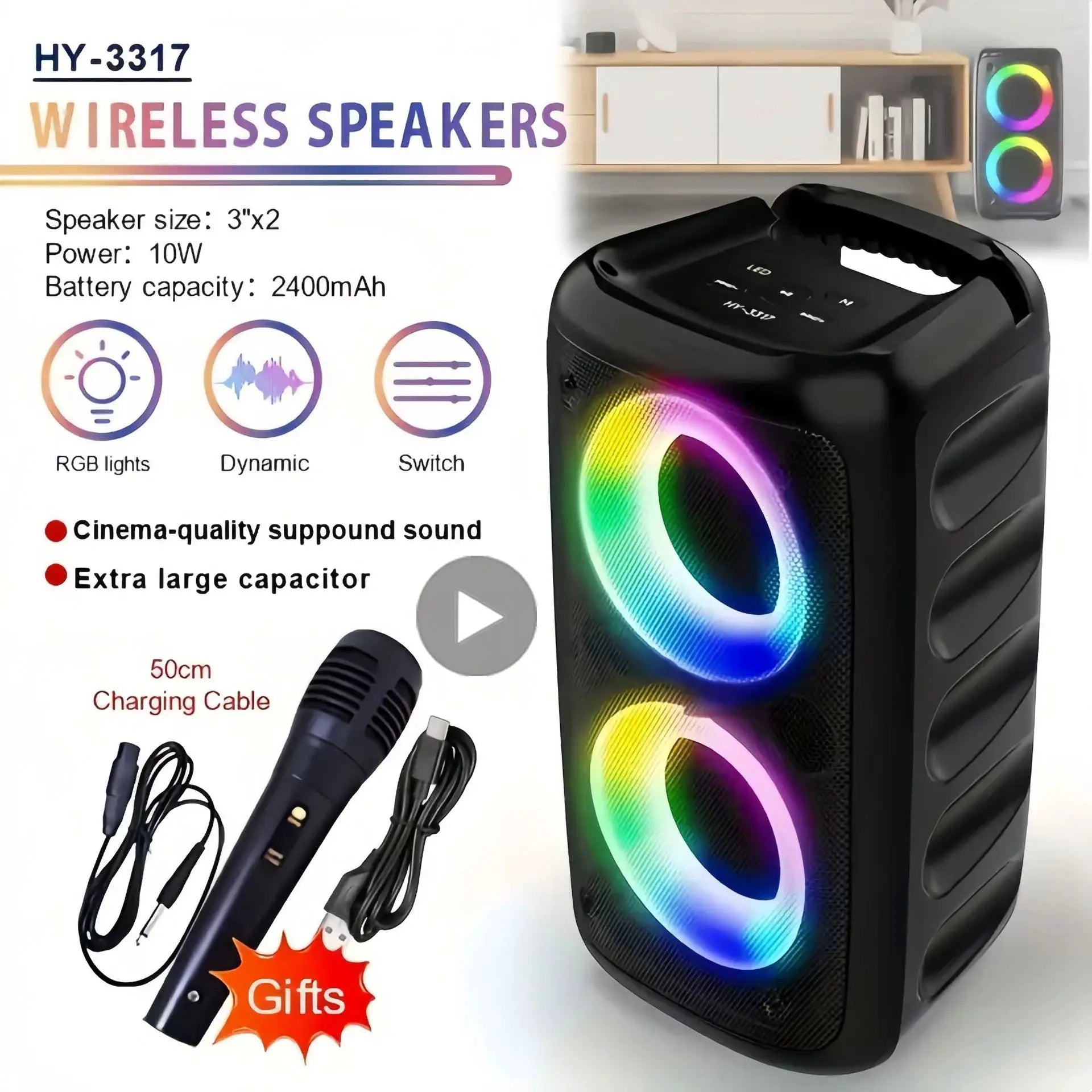 AyeBeau Portable Bluetooth Karaoke Speaker With FM Radio Microphone LED Lamp And TWS Subwoofer