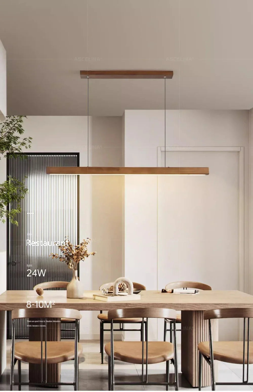 DAMIASMIL LED pendant light, wooden long strip in brown finish for dining room