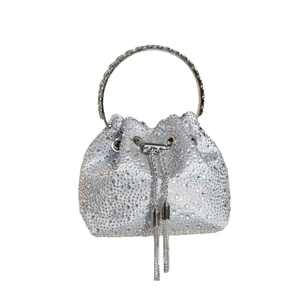 Rhinestone evening clutch bag by Simples Market in silver with crystal-embellished drawstring and handle