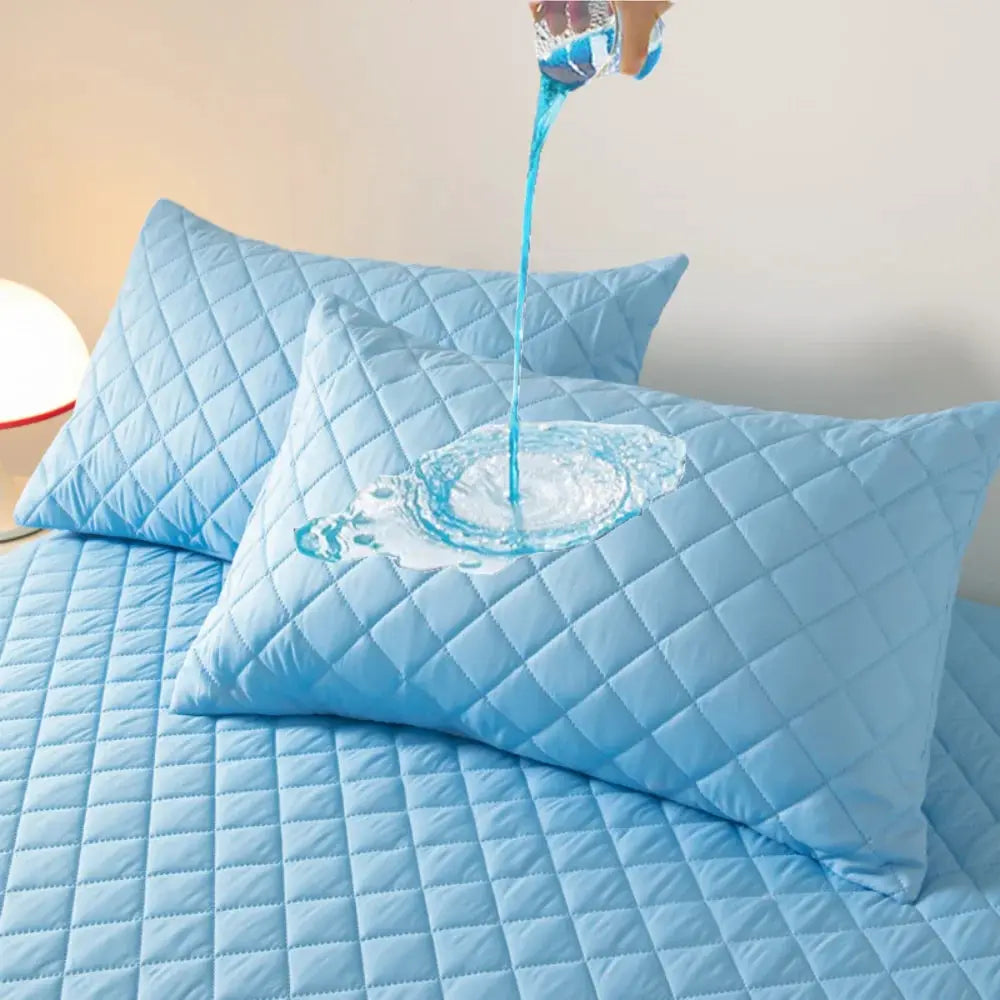 Double-deck pillowcase set, Simples Market Northern Europe blue quilted cotton, waterproof, anti-mite, anti-bacterial