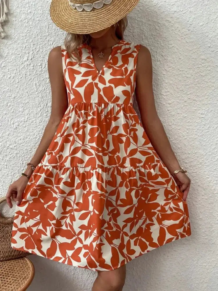 Women Boho Print Mini Dress Sleeveless V Neck Ruffle Beach Sundress