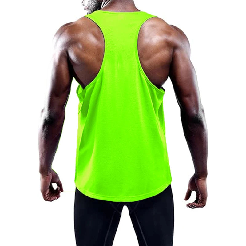 Running tank top for men in neon green, sleeveless gym vest shown from the back