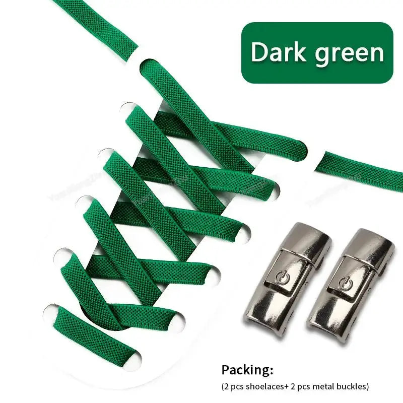 Press-lock elastic shoelaces, dark green 8mm widened flat no-tie, includes 2 laces and 2 metal buckles