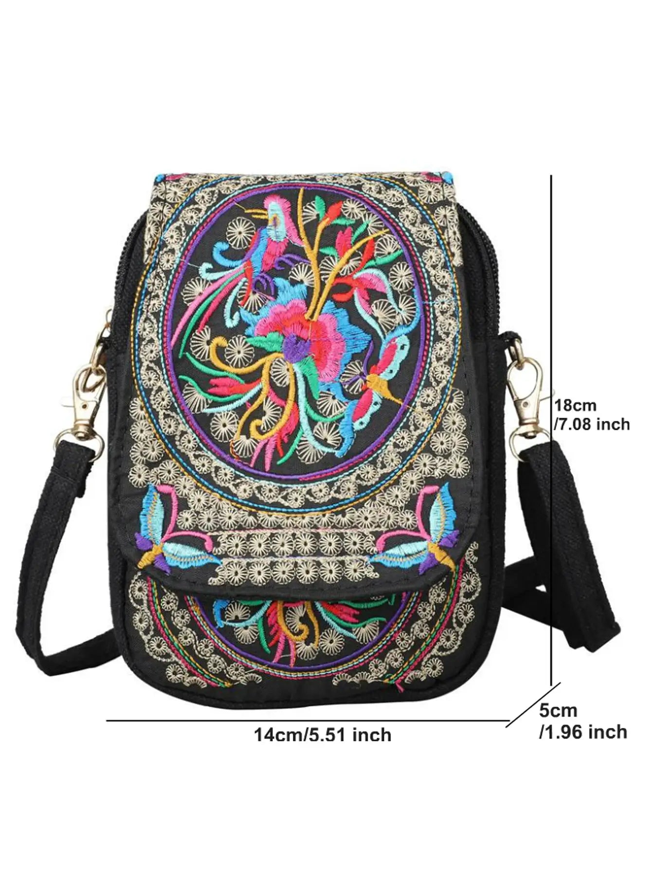 Crossbody phone bag in black canvas with vibrant embroidered floral circle design and zipper