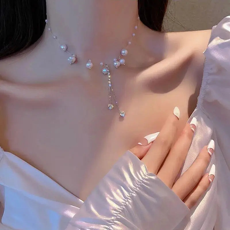 Kpop pearl choker necklace, gold color with dangling pendant strands, Simples Market