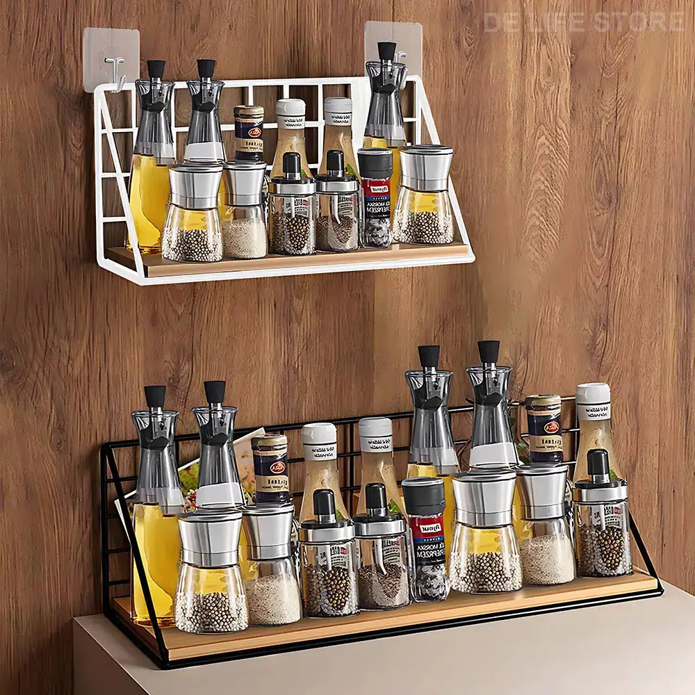 Hanging Wooden Spice Rack And Wall Mounted Spice Jar Storage Shelf For Kitchen Organizer