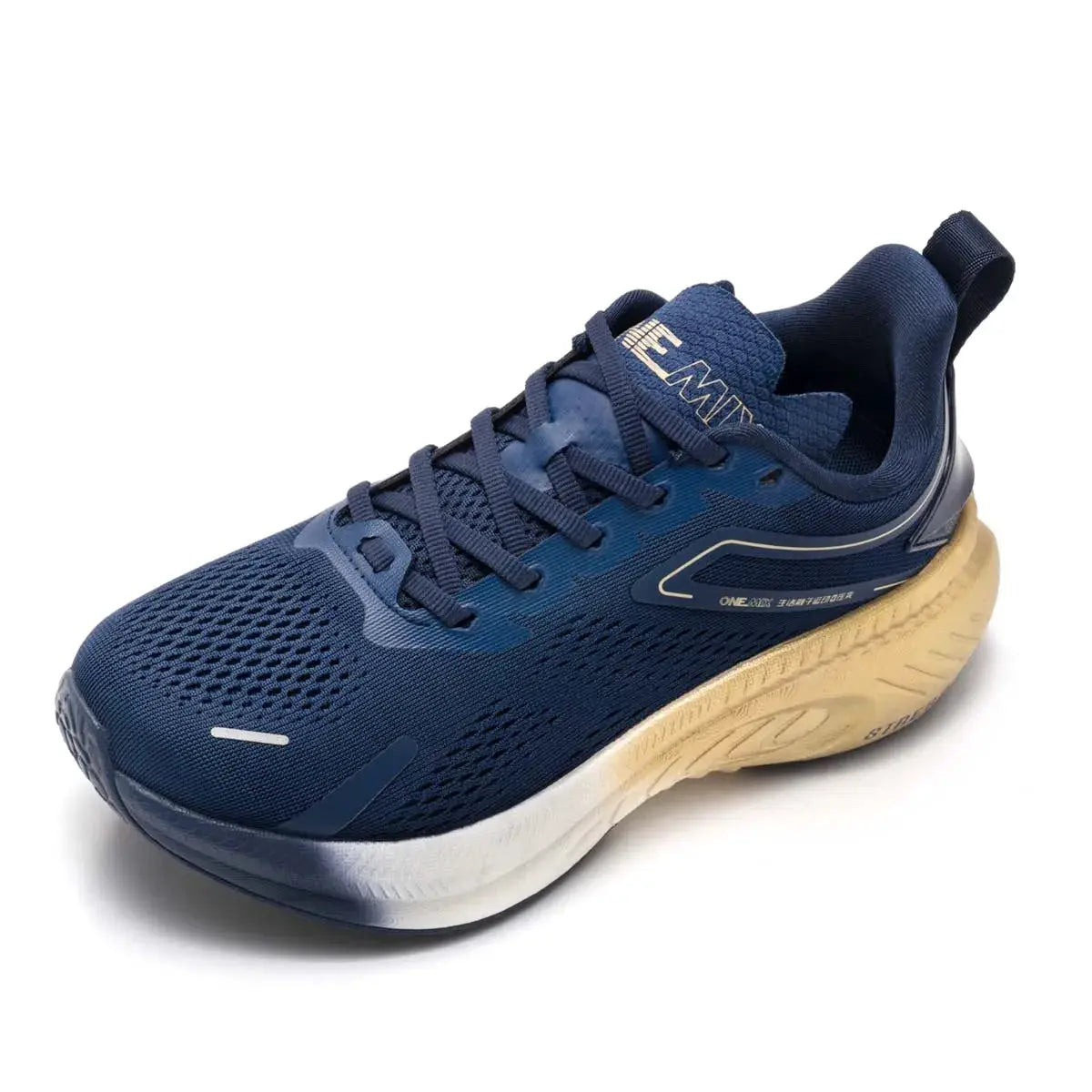 ONEMIX breathable mesh running shoes, navy blue with beige sole, unisex outdoor fitness sneakers