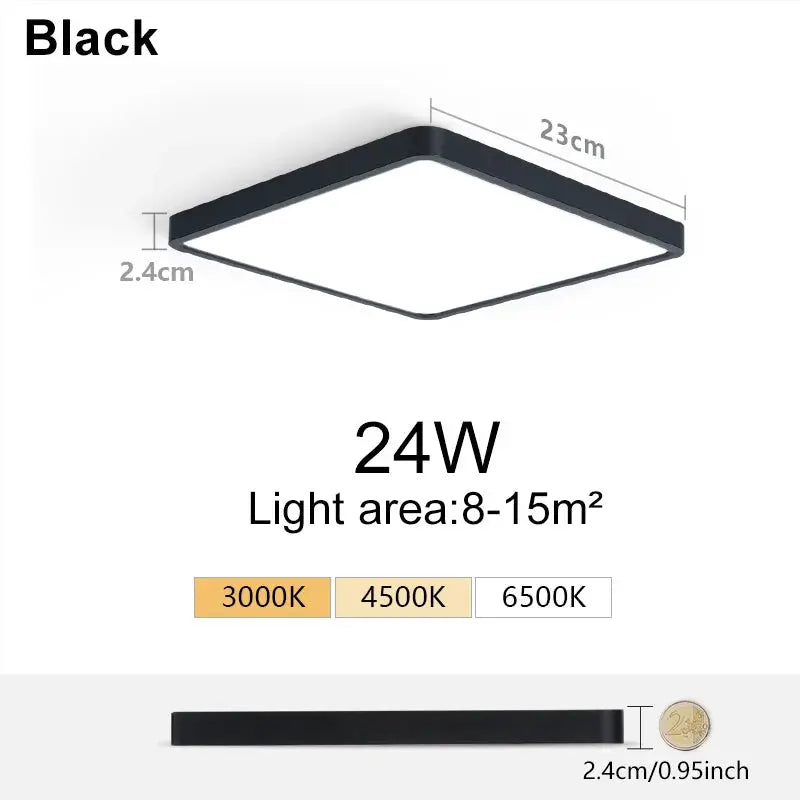 MARPOU ultra-thin square LED ceiling light, black wood-grain, 24W, 23cm, 2.4cm thick, 3000/4500/6500K