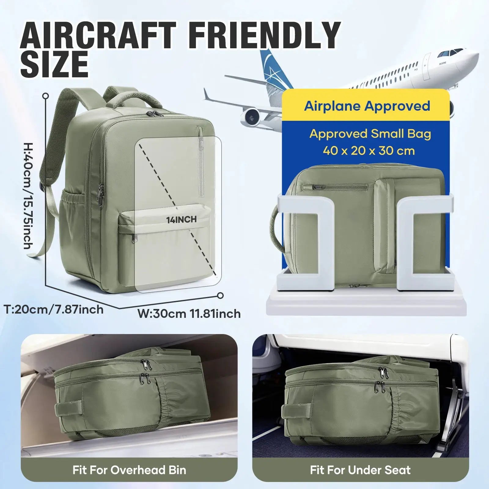 Simples Market cabin travel backpack, olive green, 40x30x20 cm; airplane-approved carry-on