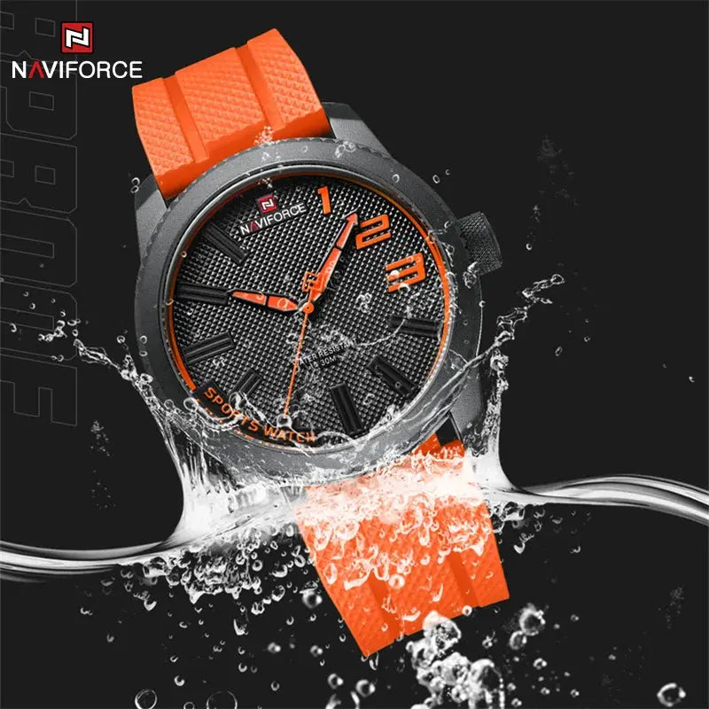 Naviforce men's wristwatch with orange silicone strap, black textured dial, 30ATM water resistance