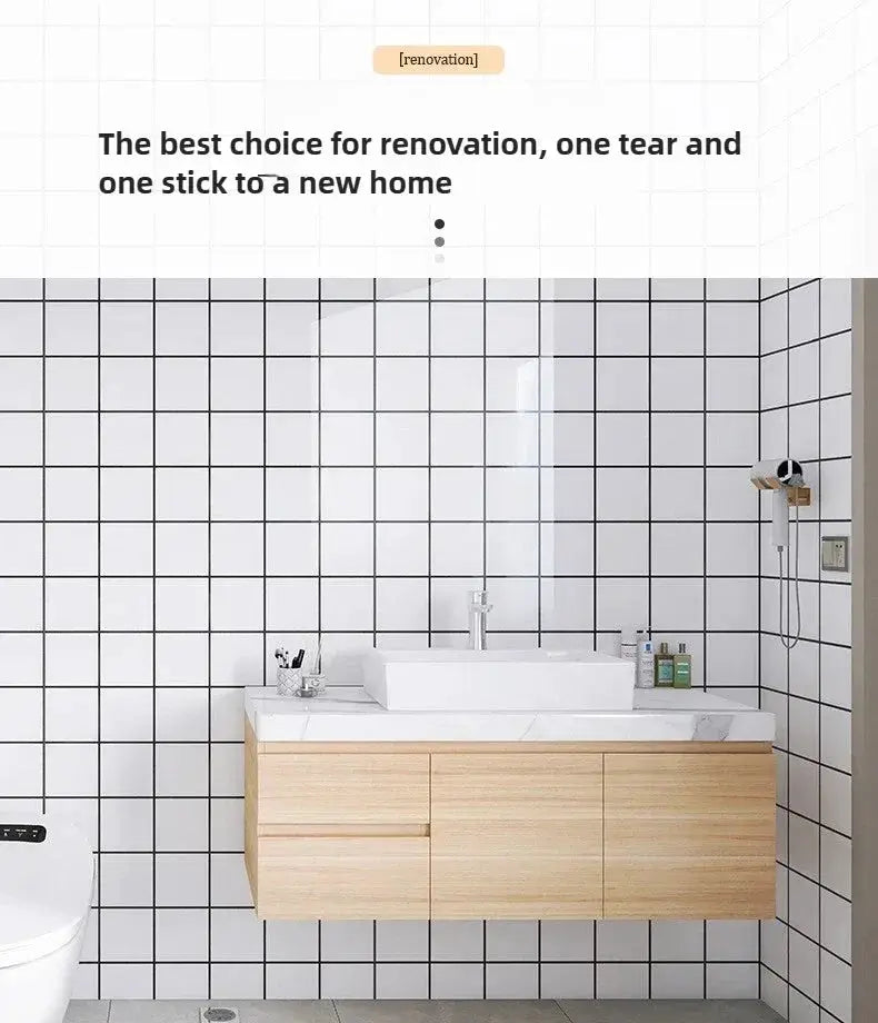 Simples Market self-adhesive 30x30cm bathroom tile stickers; white grid tiles with a wooden vanity.