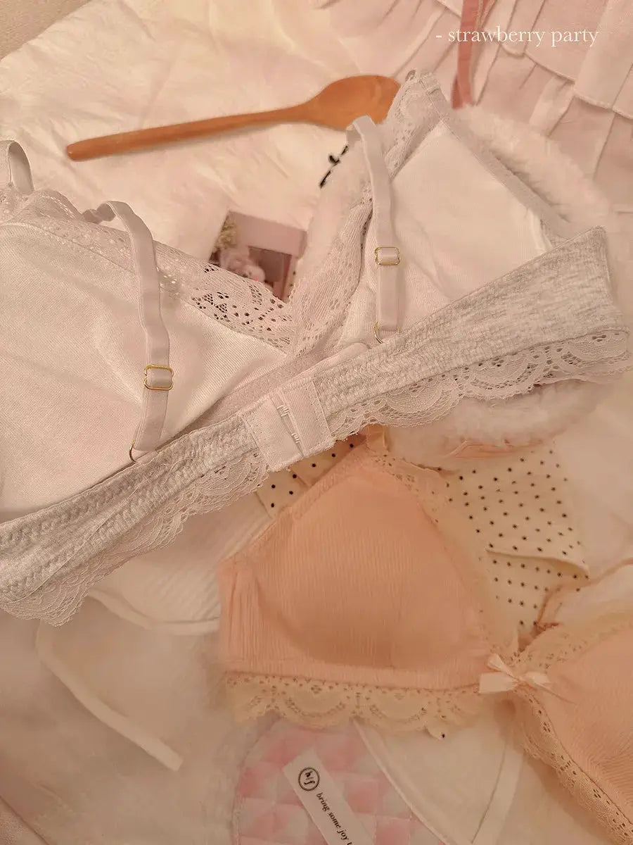 SP&CITY Sweet Girl lace triangle-cup bra set, white and pink, wire-free with adjustable straps, 2-piece