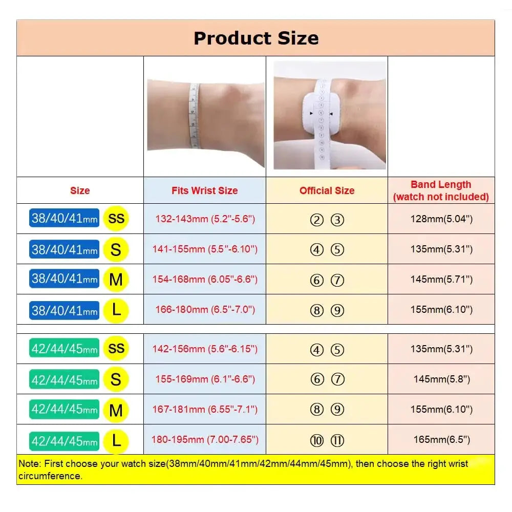 Simples Market Apple Watch band sizing chart for 38/40/41mm and 42/44/45mm sizes with SS, S, M, L options