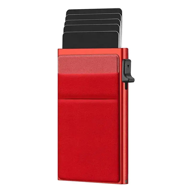 Red metal RFID card holder wallet; slim minimalist design with black cards fanned out