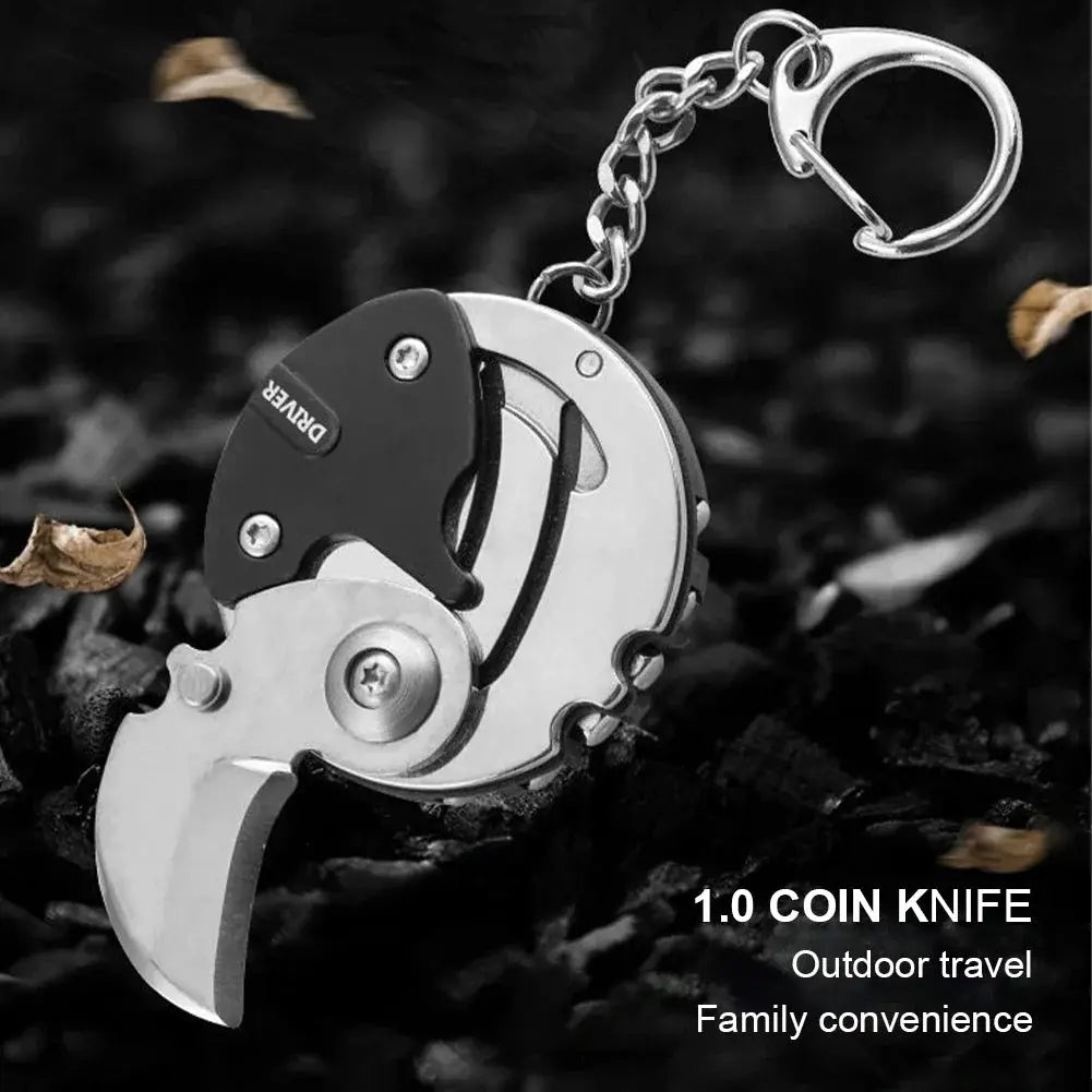 Multifunctional keychain coin knife with folding blade and screwdriver; silver metal with black housing, outdoor EDC tool.