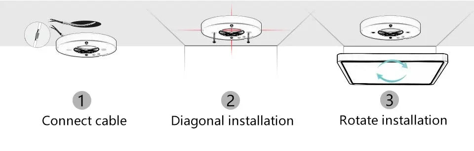 MARPOU ultra-thin LED ceiling light by Simples Market; square wood-grain fixture with a three-step installation diagram.