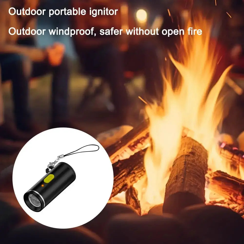 Type-C mini windproof electronic lighter, black cylinder with lime-green button and wrist strap