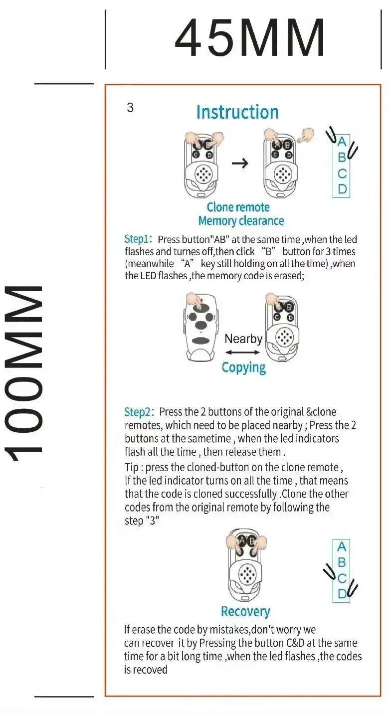 Simples Market universal garage door opener remote control instruction sheet with 433MHz cloning steps and diagrams