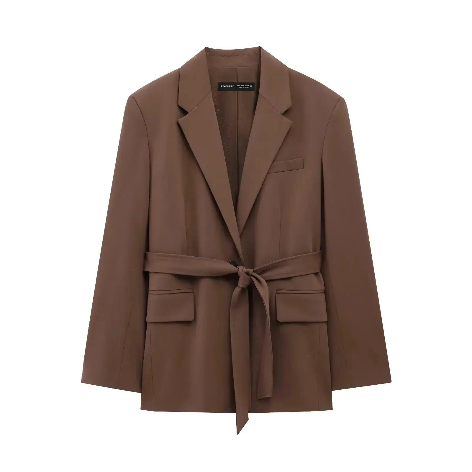 KONDALA brown belted blazer from Simples Market with notched lapels and front pockets