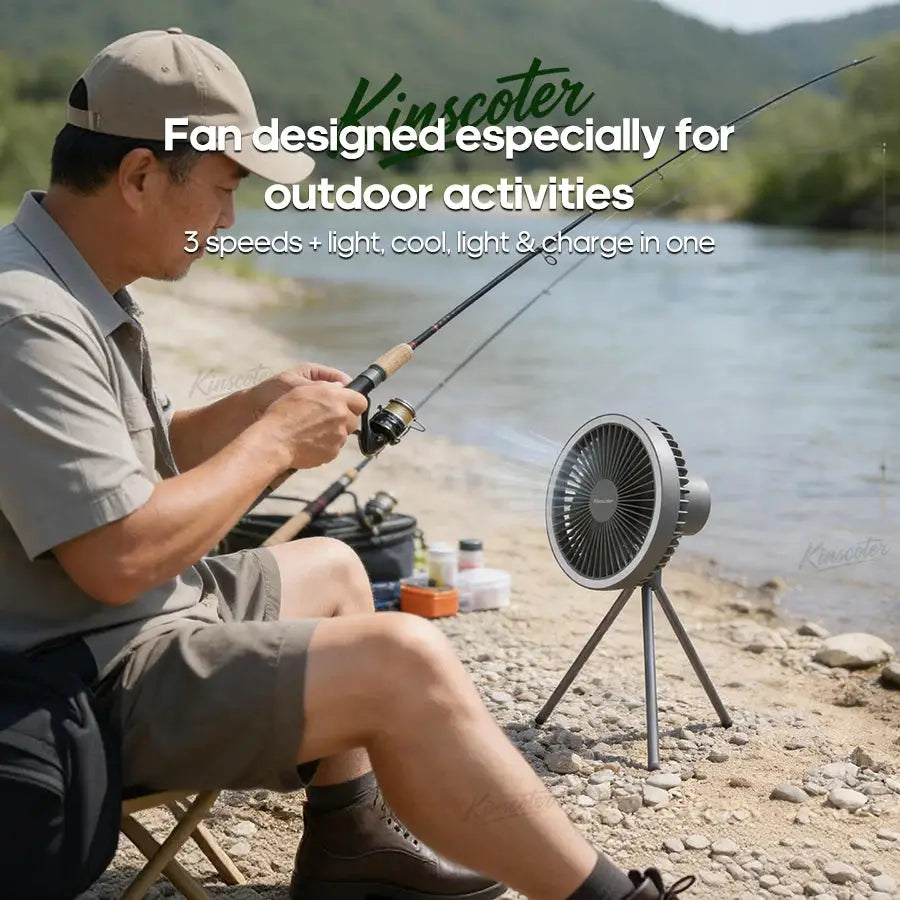 Simples Market gray camping fan on tripod, portable rechargeable circulator for outdoor use