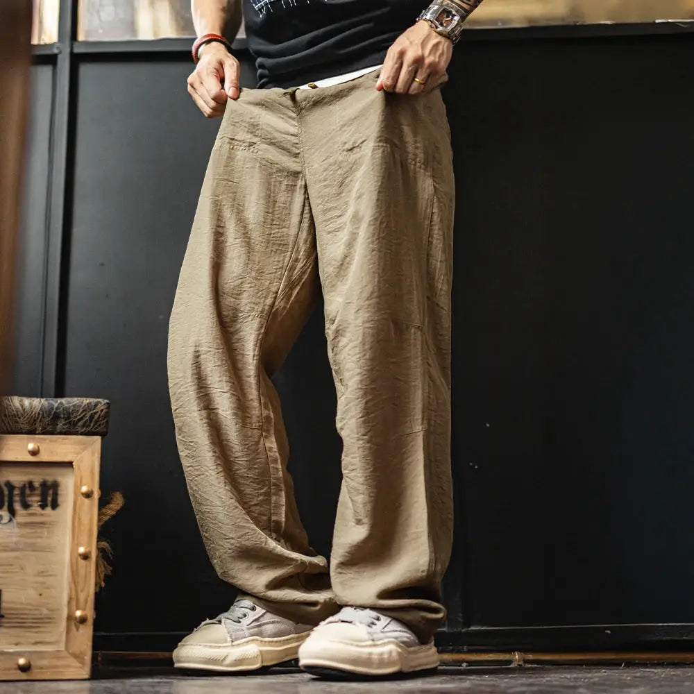 Maden men's vintage chino pants, lightweight linen-blend khaki with elastic waistband