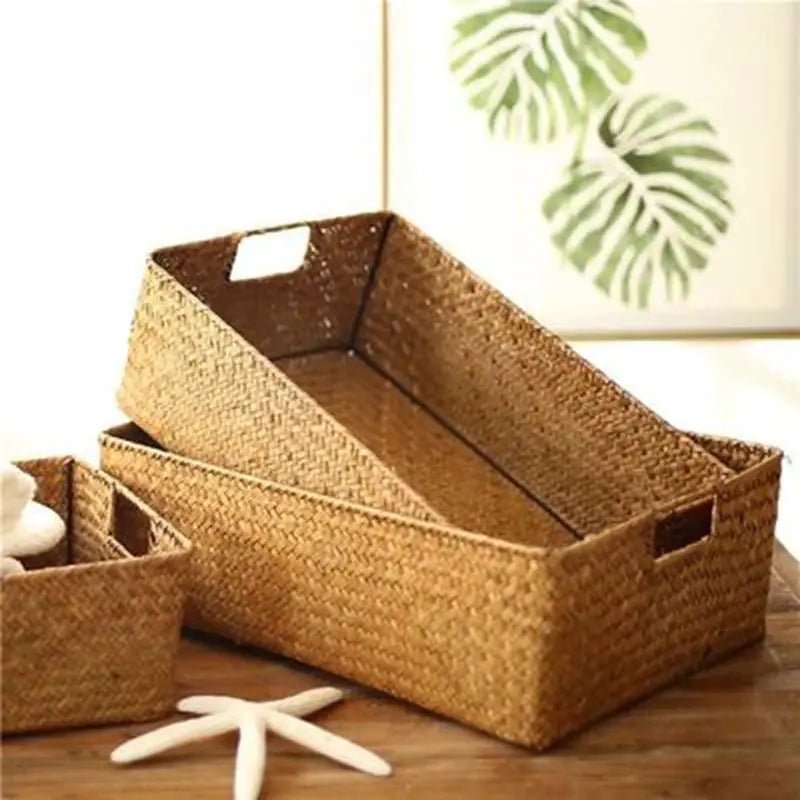 Woven Seagrass Storage Basket Stackable For Home Decor Natural Wicker Basket Kitchen Table Organization Rattan - Simples Market