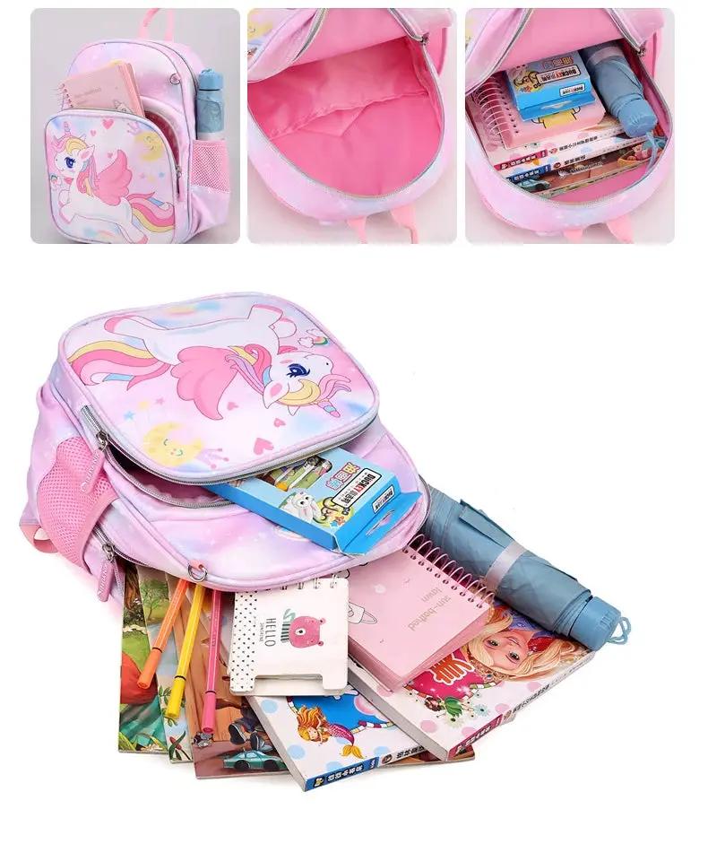 Unicorn backpack for girls by Simples Market; pink cartoon design with unicorn and water bottle pocket