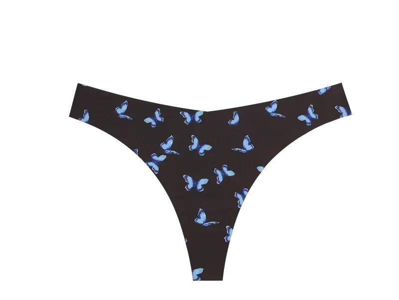 Black thong with blue butterfly print, seamless stretch fabric for women.