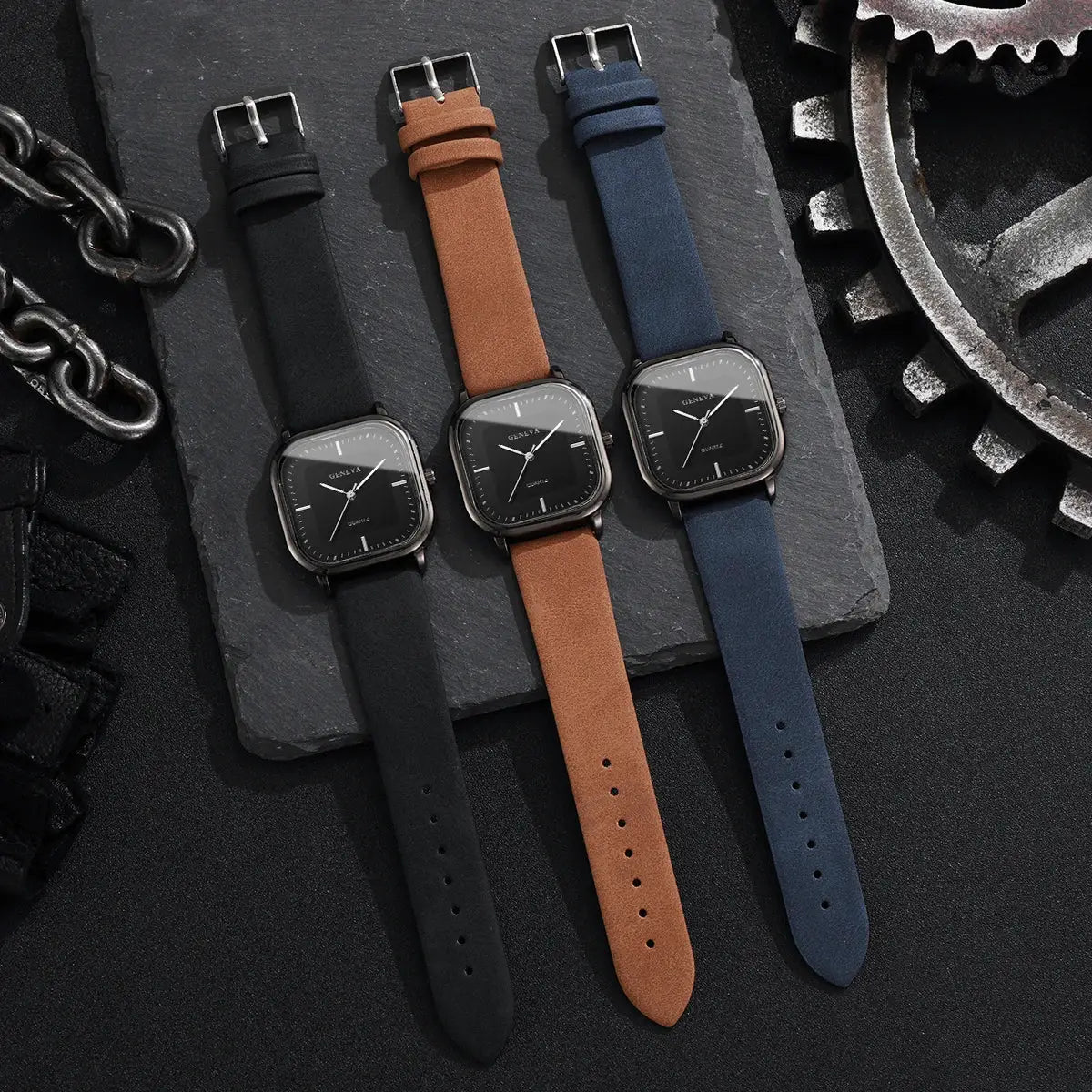 Men's square-dial minimalist quartz watches with black, tan, and navy leather straps (3 watches)