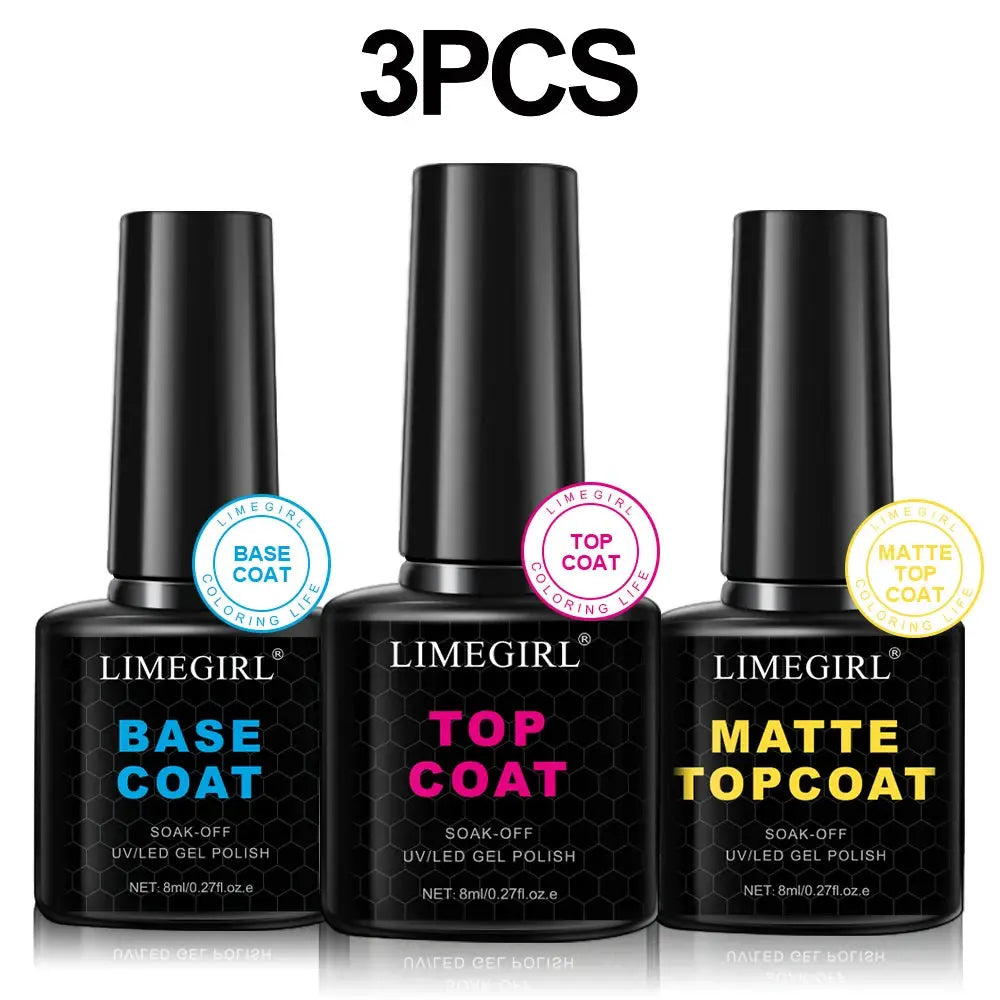 LIMEGIRL gel nail polish kit - base coat, top coat, and matte top coat (3 pcs)