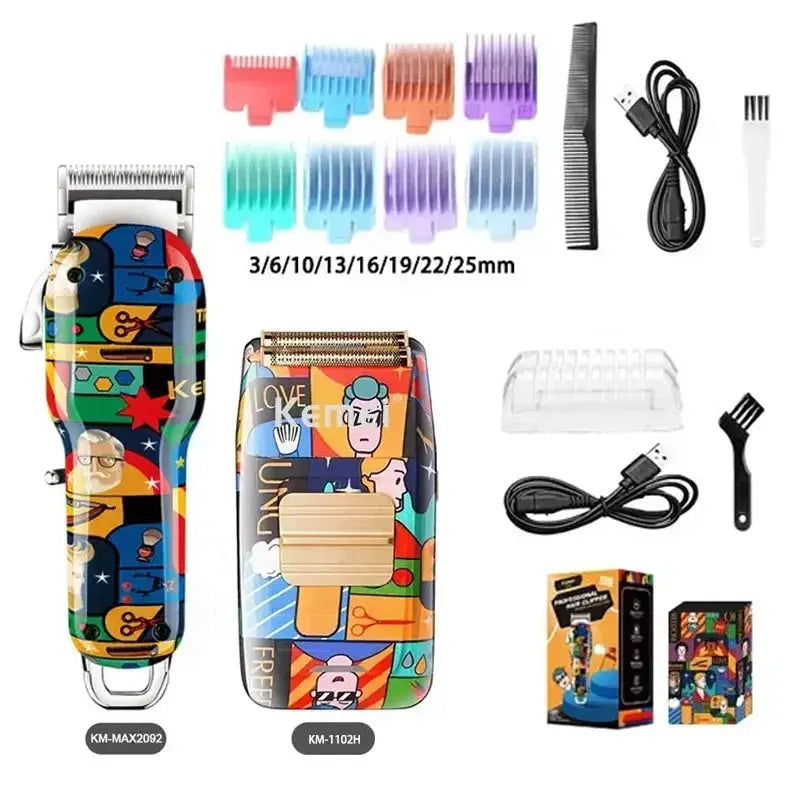 Kemei graffiti-pattern professional electric trimmer set, rechargeable; includes KM-MAX2092 and KM-1102H with guards.