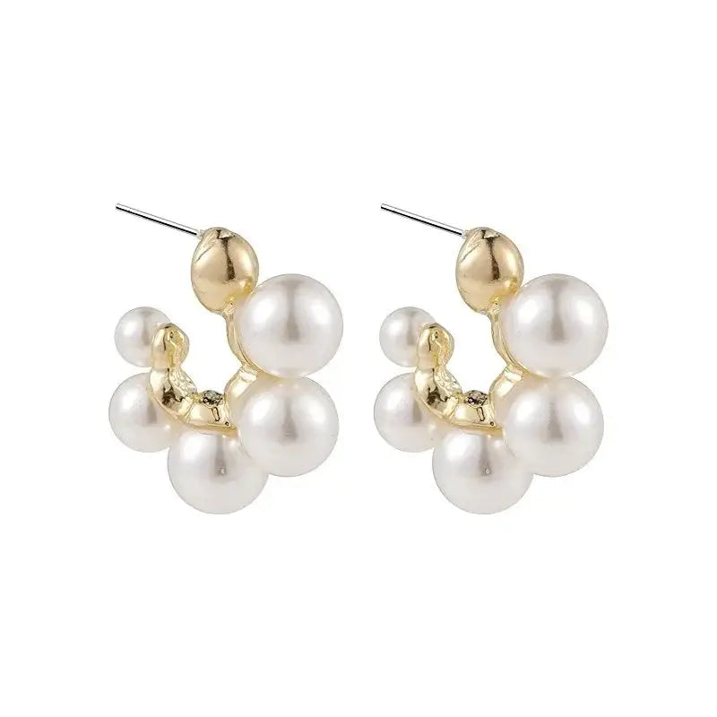 Gold color imitation pearl C-shaped drop earrings with white pearl clusters, bridal jewelry pair