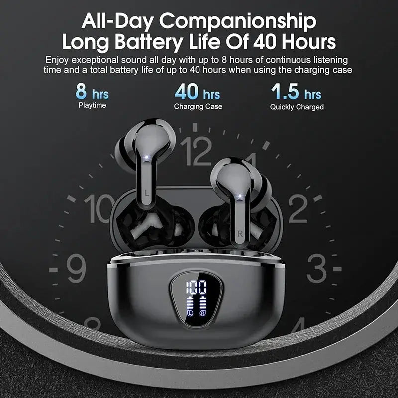 Wireless earbuds with charging case and LED display; black BT5.3, ENC mic, IP7 waterproof (2 earbuds)