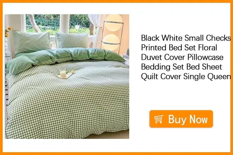 Green gingham duvet cover set with matching pillowcases on a neatly made bed in a bright room