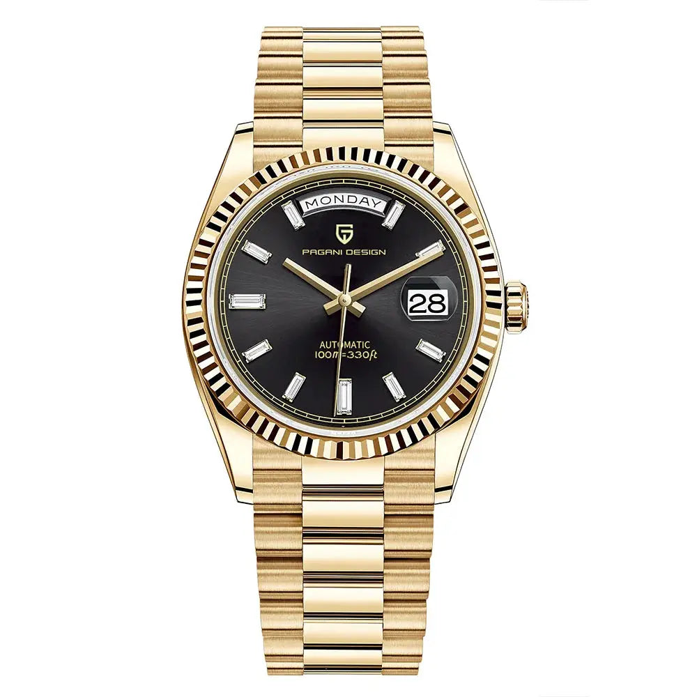Pagani Design gold-tone men's automatic watch with black dial, day-date window, 36mm case, gold bracelet