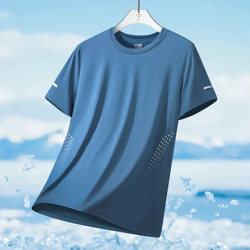 Men's blue ice-silk running T-shirt, quick-dry, breathable, reflective accents, short sleeve, 5XL by Simples Market.