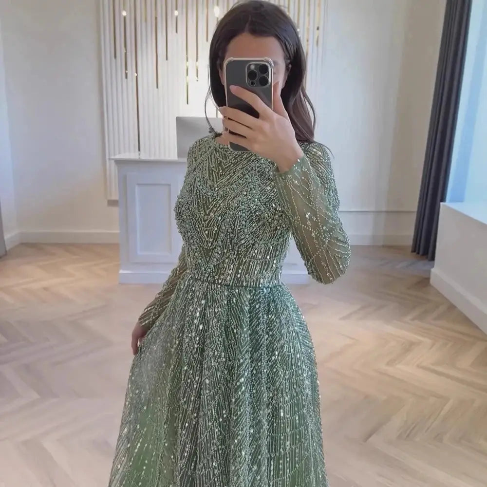 Mina Luxurious Beaded Sequin Dress Long Sleeve Round Neck Formal